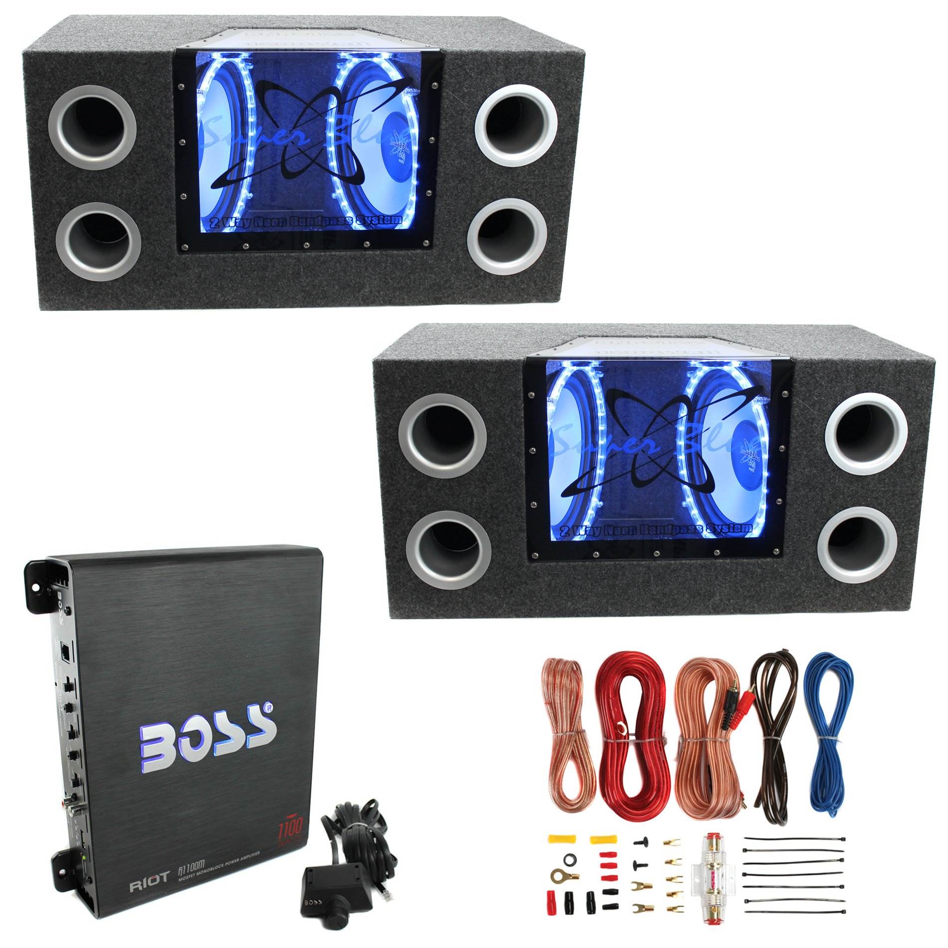Pyramid 10" Box Subwoofers (2 Pack), Boss Riot Amplifier, & Soundstorm Wire Kit