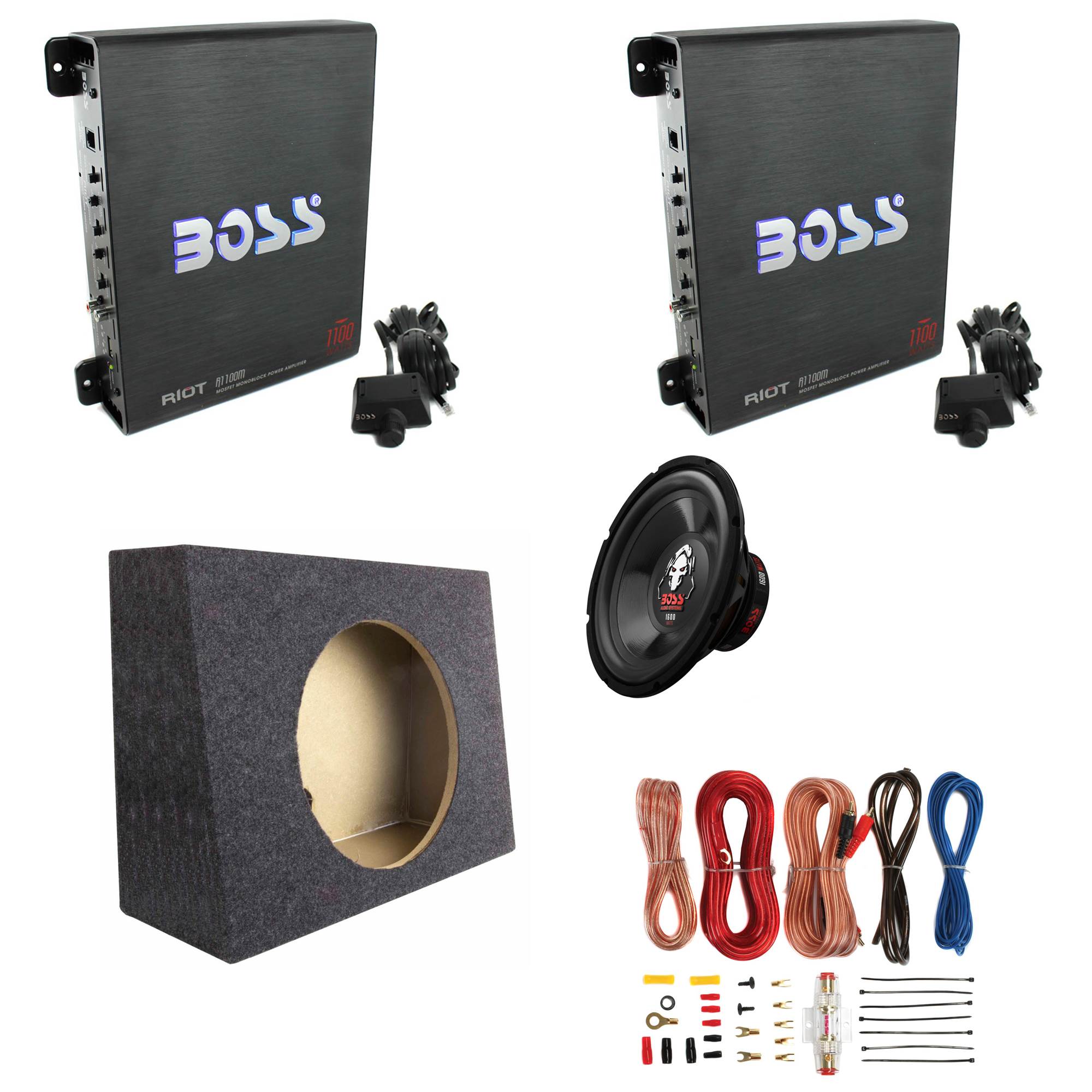 Boss Amps (2 Pack) & Boss 12" Subwoofer & Q Power Sub Box & Soundstorm Wire Kit