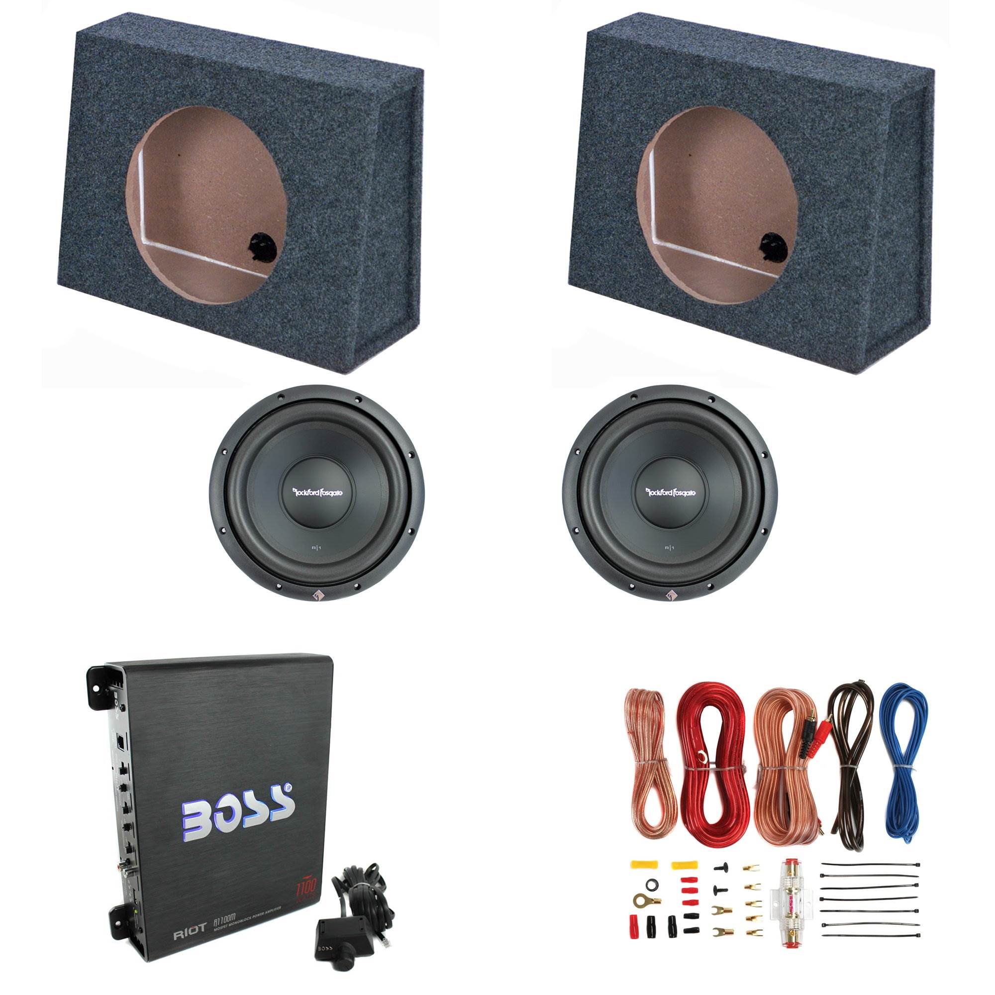 Rockford 10" Subwoofers (2 Pack) & 10" Sub Boxes (2 Pack) & 1100W Amp & Wire Kit