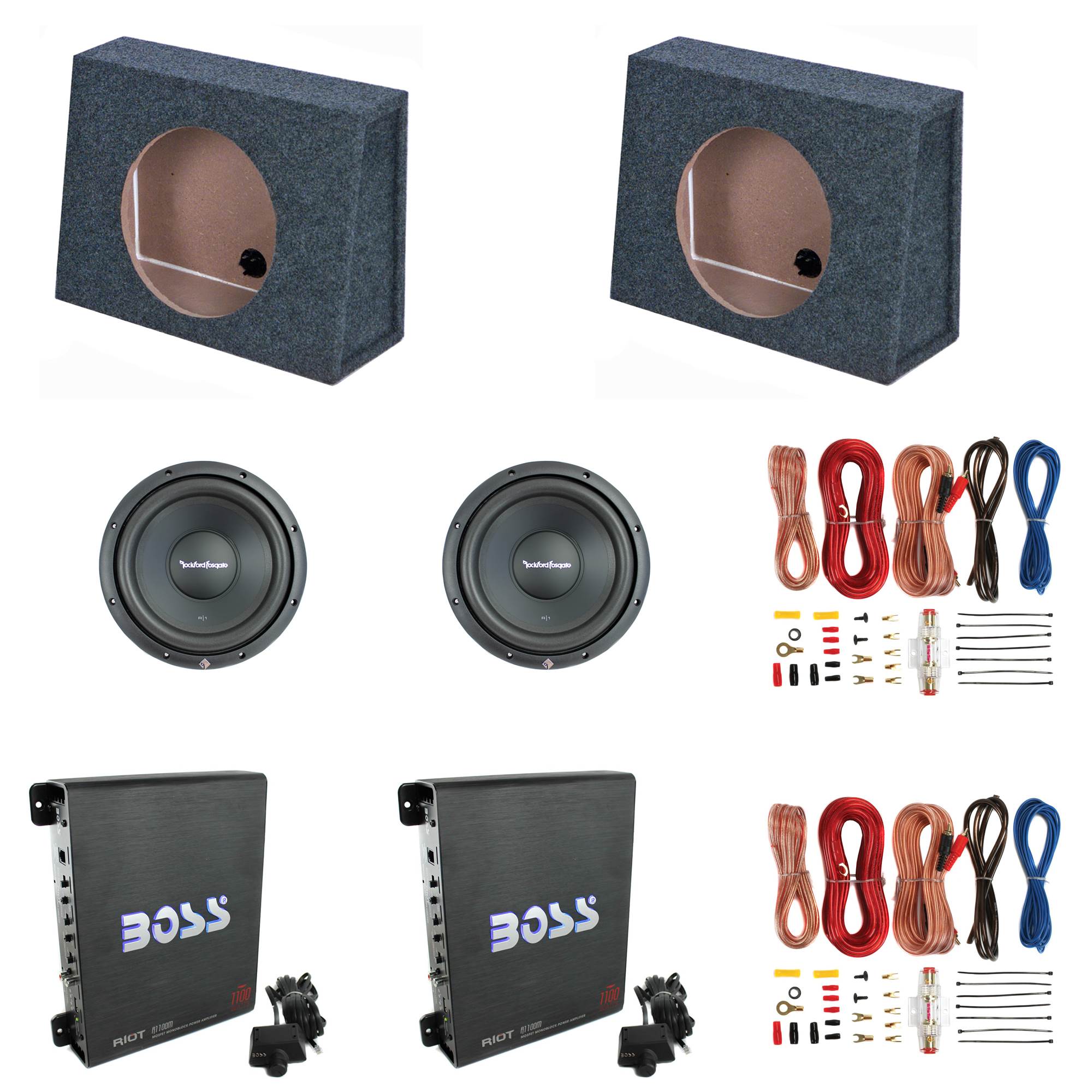 Rockford 10" Subwoofer (2 Pack) & Sub Boxes (2 Pack) & Amp (2 Pack) & Wire Kits