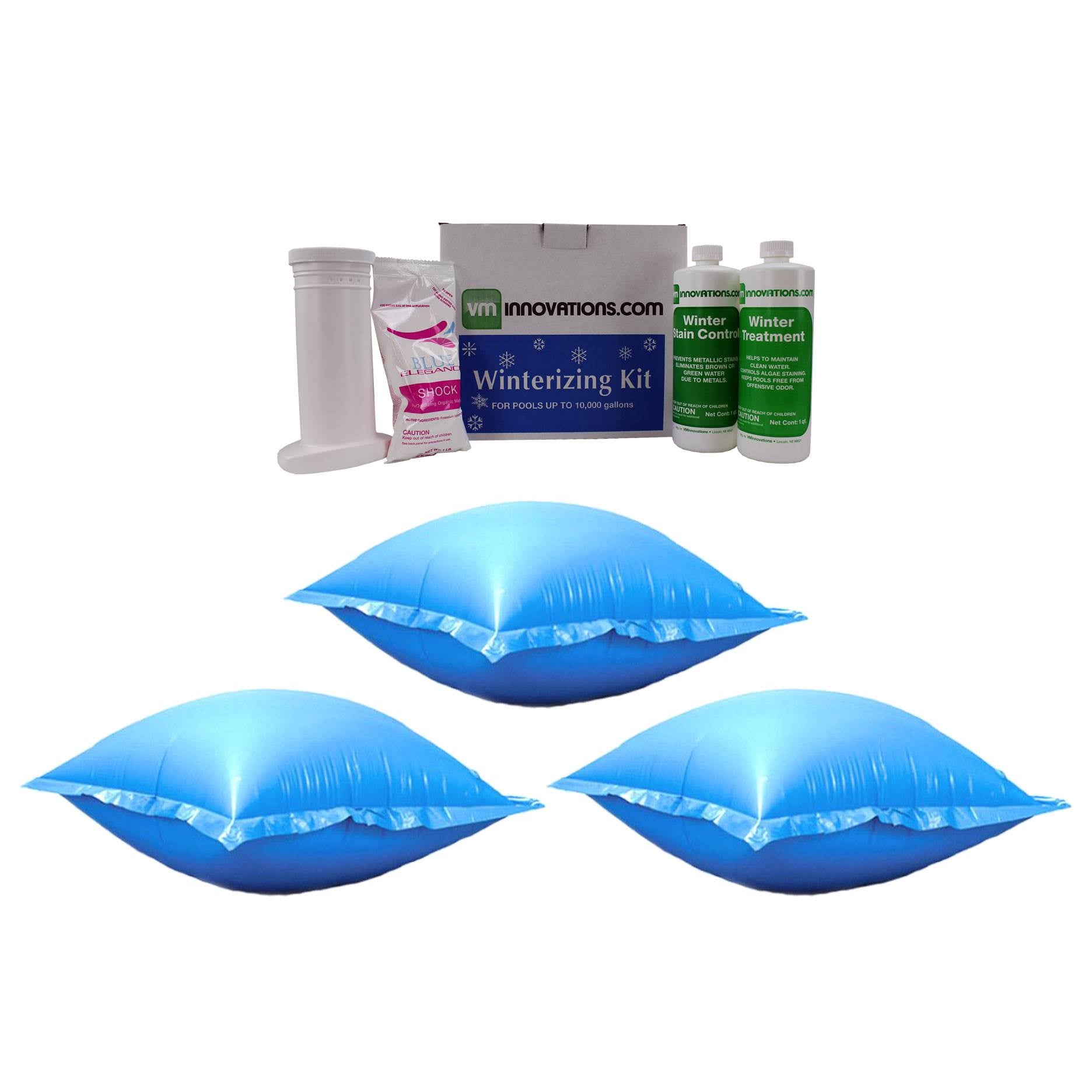 Swimming Pool 10,000 Gal Winterizing Chemical Kit & 4 Foot Cover Pillow (3 Pack)