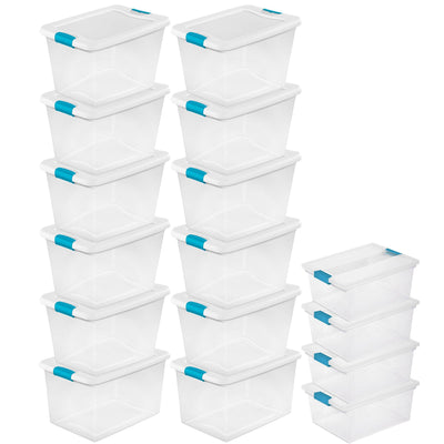 Sterilite 64 Quart Latching Storage Tote Box (12 Pack) & Deep Clip Box (4 Pack) - VMInnovations