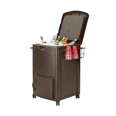 Suncast 77 Qt Resin Wicker Patio Cooler w/ Cabinet & Wire Basket, Java (2 Pack)