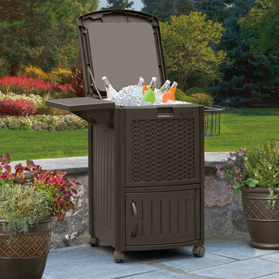 Suncast 77 Qt Resin Wicker Patio Cooler w/ Cabinet & Wire Basket, Java (2 Pack)