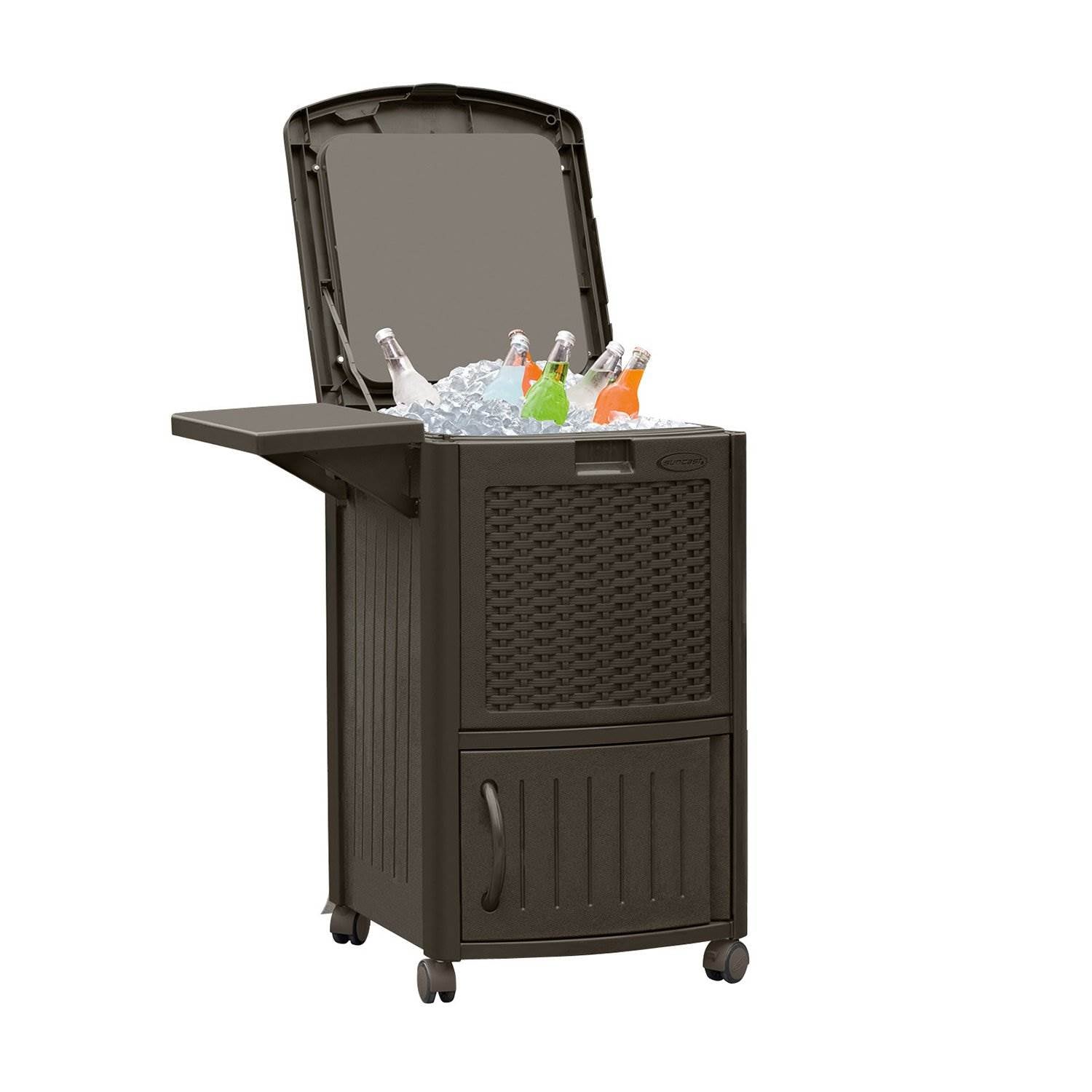 Suncast 77 Qt Resin Wicker Patio Cooler w/ Cabinet & Wire Basket, Java (2 Pack)