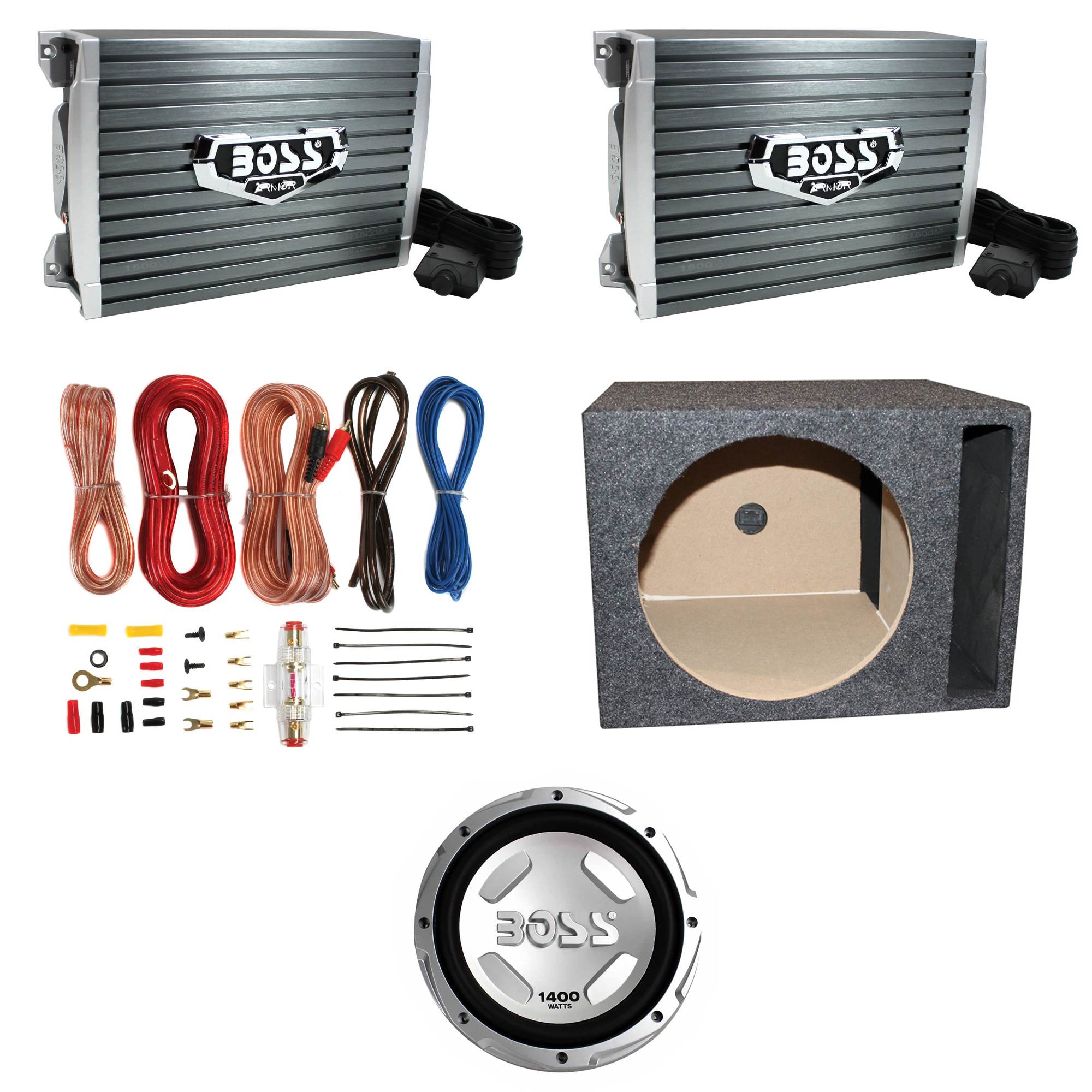 Boss 1500W Mono Amp (2 Pack) & 12" 1400W Subwoofer & 12" Sub Box & Wire Kit