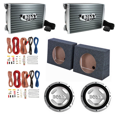 Boss Amp (2 Pack) & 12" Subwoofer (2 Pack) & 12" Sub Box (2 Pack) & Wire Kits