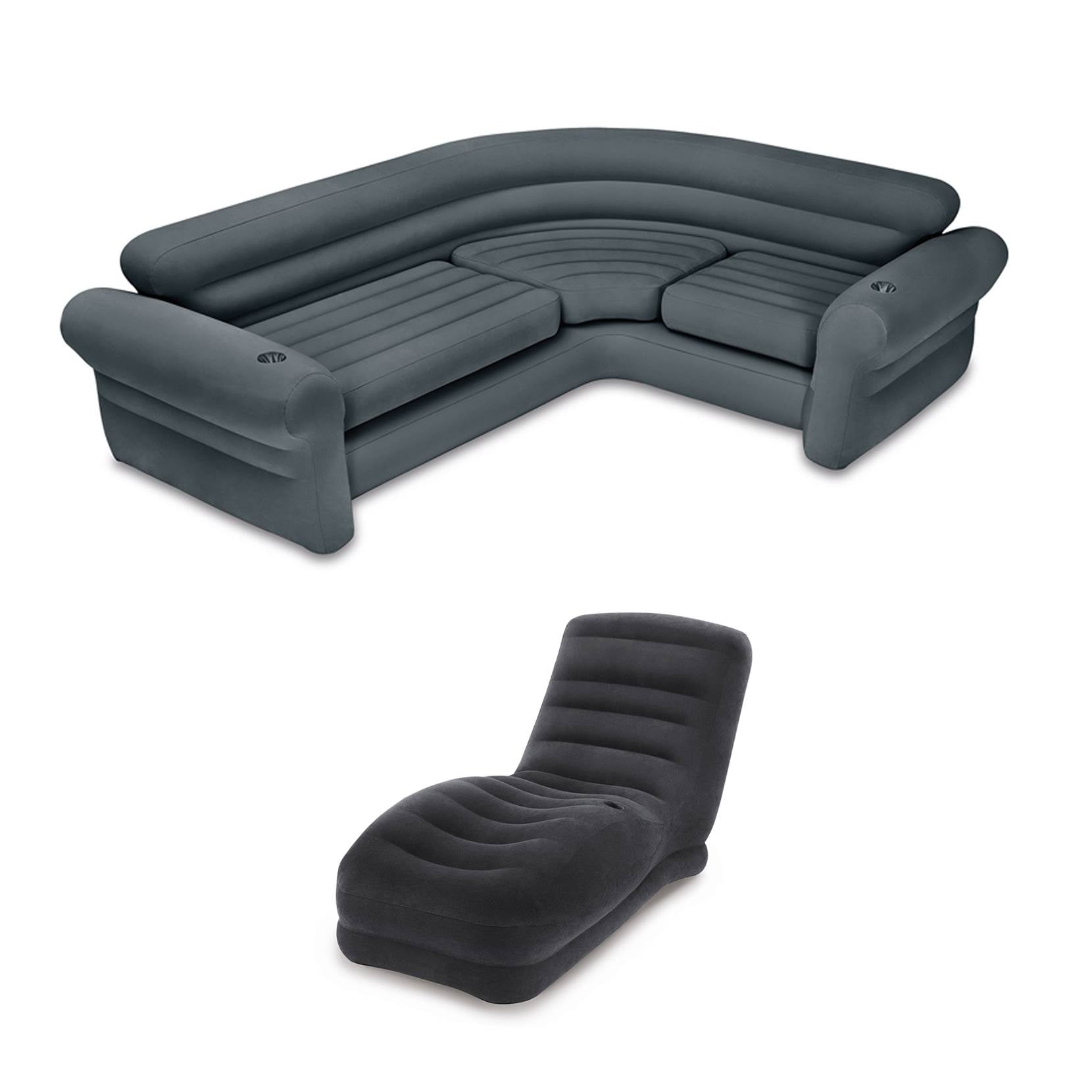 Intex Couch Sectional Sofa w/ Cupholders, Gray + Contoured Mega Lounge Chair