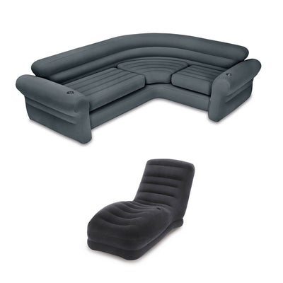 Intex Couch Sectional Sofa w/ Cupholders, Gray + Contoured Mega Lounge Chair