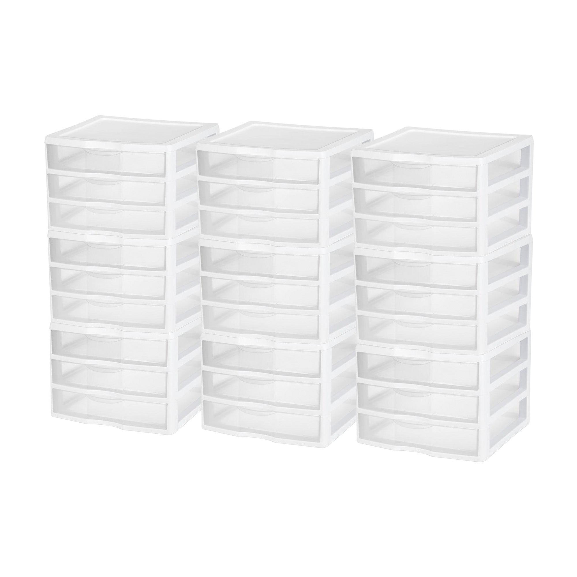 Sterilite Clear Plastic Stackable Small 3 Drawer Storage System, White, (9 Pack) - VMInnovations