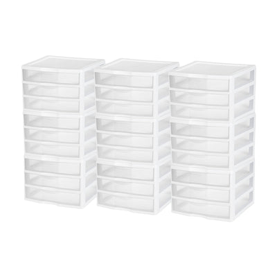 Sterilite Clear Plastic Stackable Small 3 Drawer Storage System, White, (9 Pack) - VMInnovations