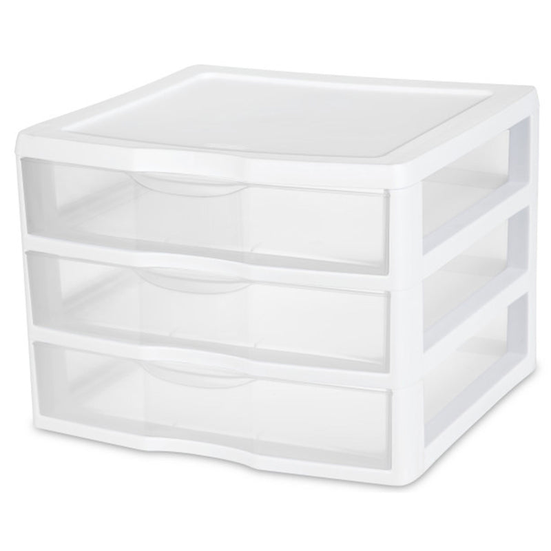 Sterilite Clear Plastic Stackable Small 3 Drawer Storage System, White, (9 Pack)