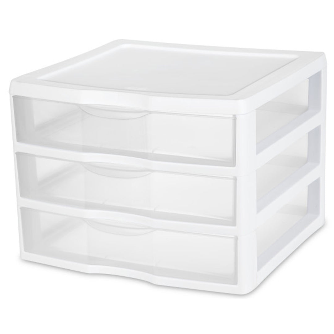 Sterilite Clear Plastic Stackable Small 3 Drawer Storage System, White, (6 Pack)