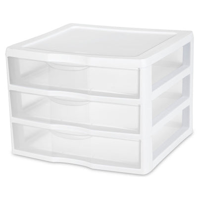 Sterilite Plastic Stackable Small 3 Drawer Storage System, White Frame, 3 Pack