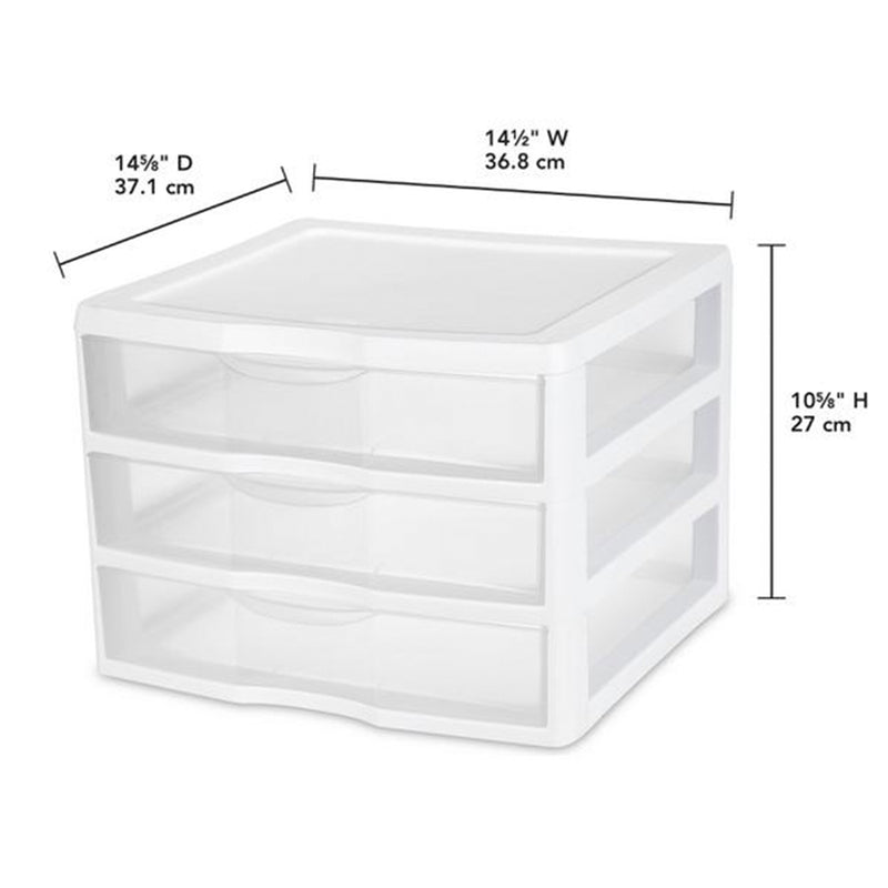 Sterilite Clear Plastic Stackable Small 3 Drawer Storage System, White, (9 Pack)