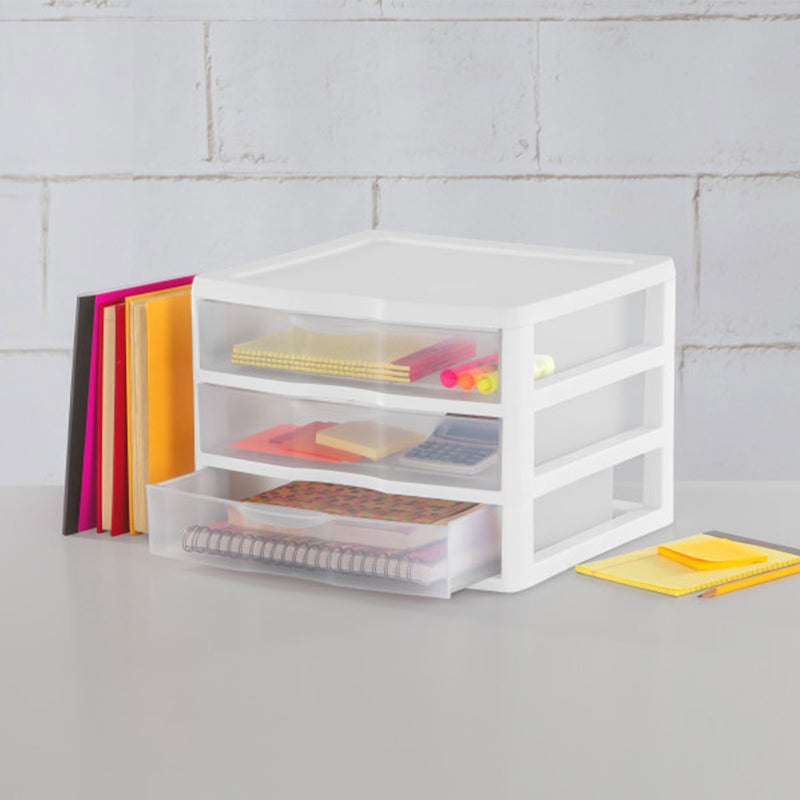 Sterilite Plastic Stackable Small 3 Drawer Storage System, White Frame, 3 Pack