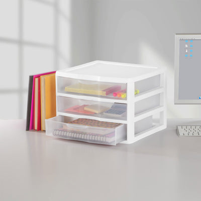 Sterilite Clear Plastic Stackable Small 3 Drawer Storage System, White, (9 Pack)