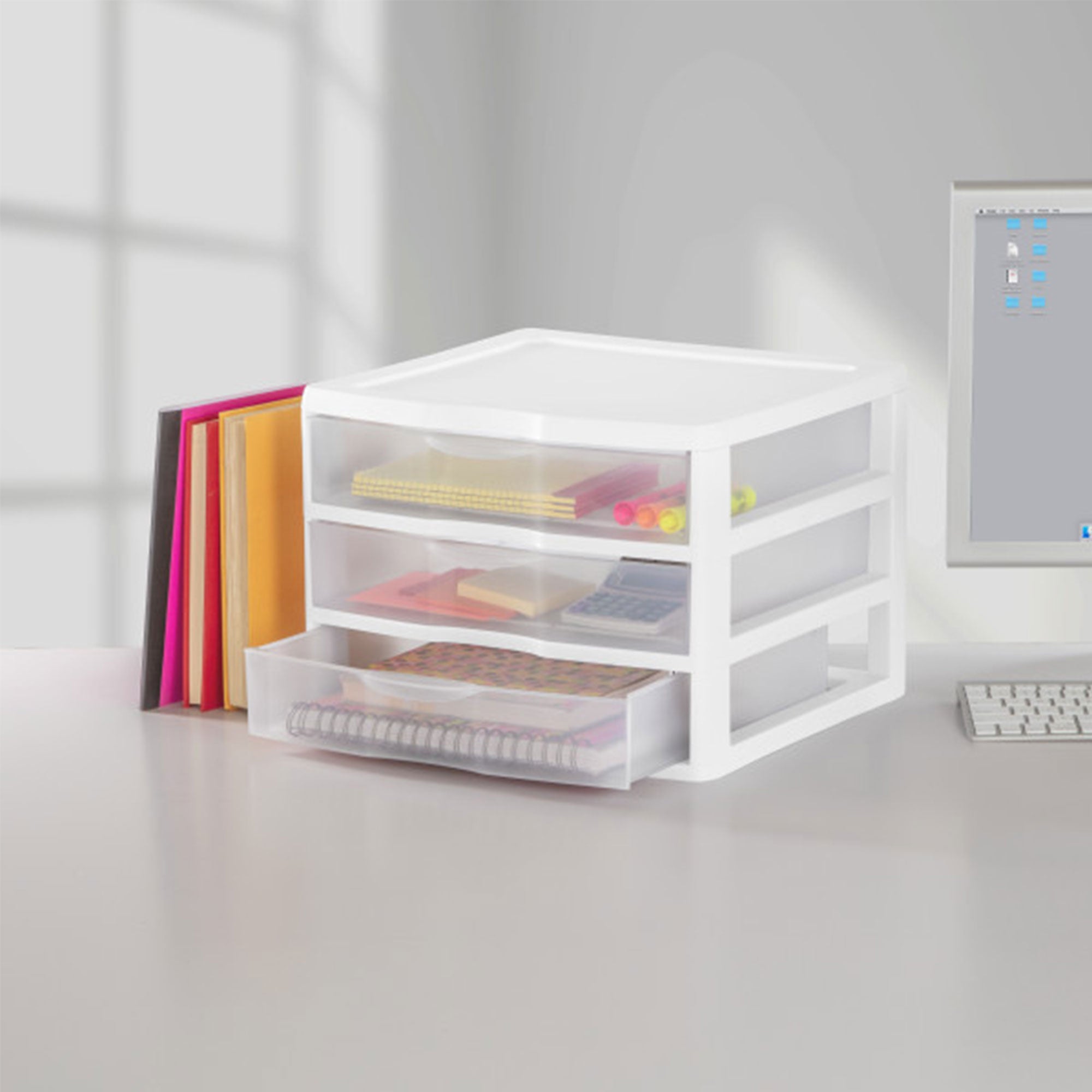 Sterilite Clear Plastic Stackable Small 3 Drawer Storage System, White, (6 Pack) - VMInnovations
