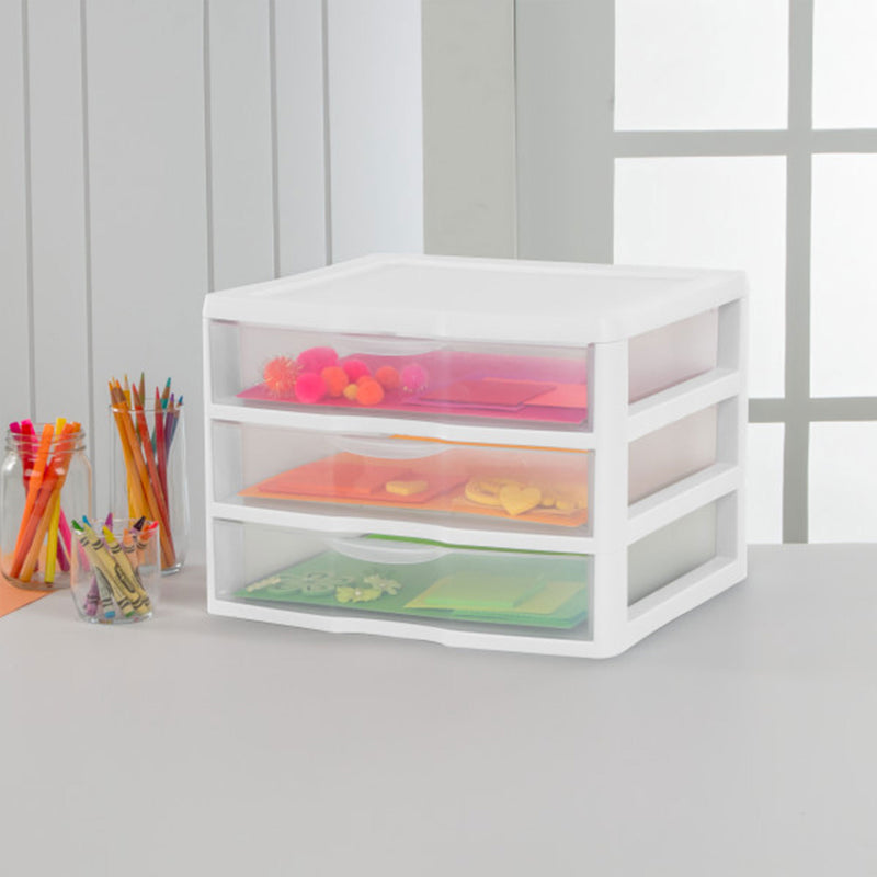 Sterilite Plastic Stackable Small 3 Drawer Storage System, White Frame, 3 Pack