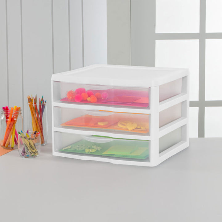 Sterilite Clear Plastic Stackable Small 3 Drawer Storage System, White, (6 Pack)