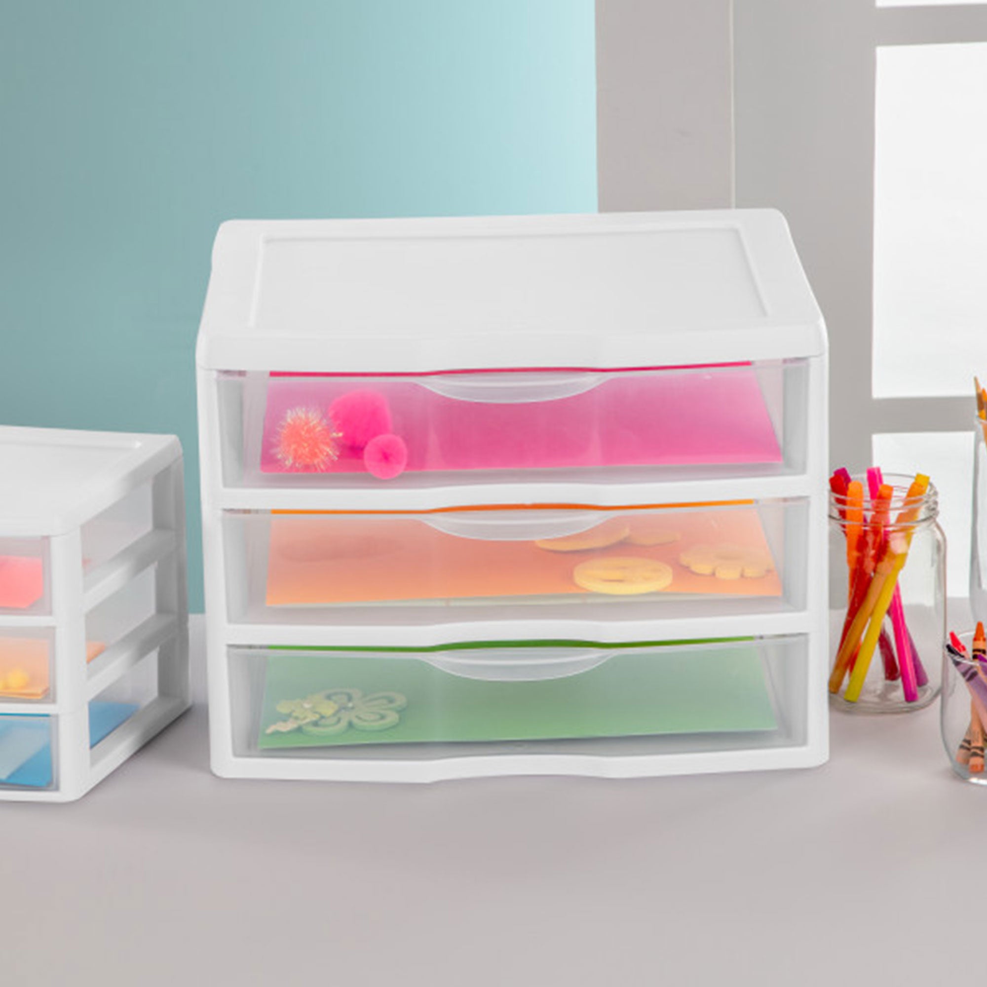 Sterilite Clear Plastic Stackable Small 3 Drawer Storage System, White, (6 Pack) - VMInnovations