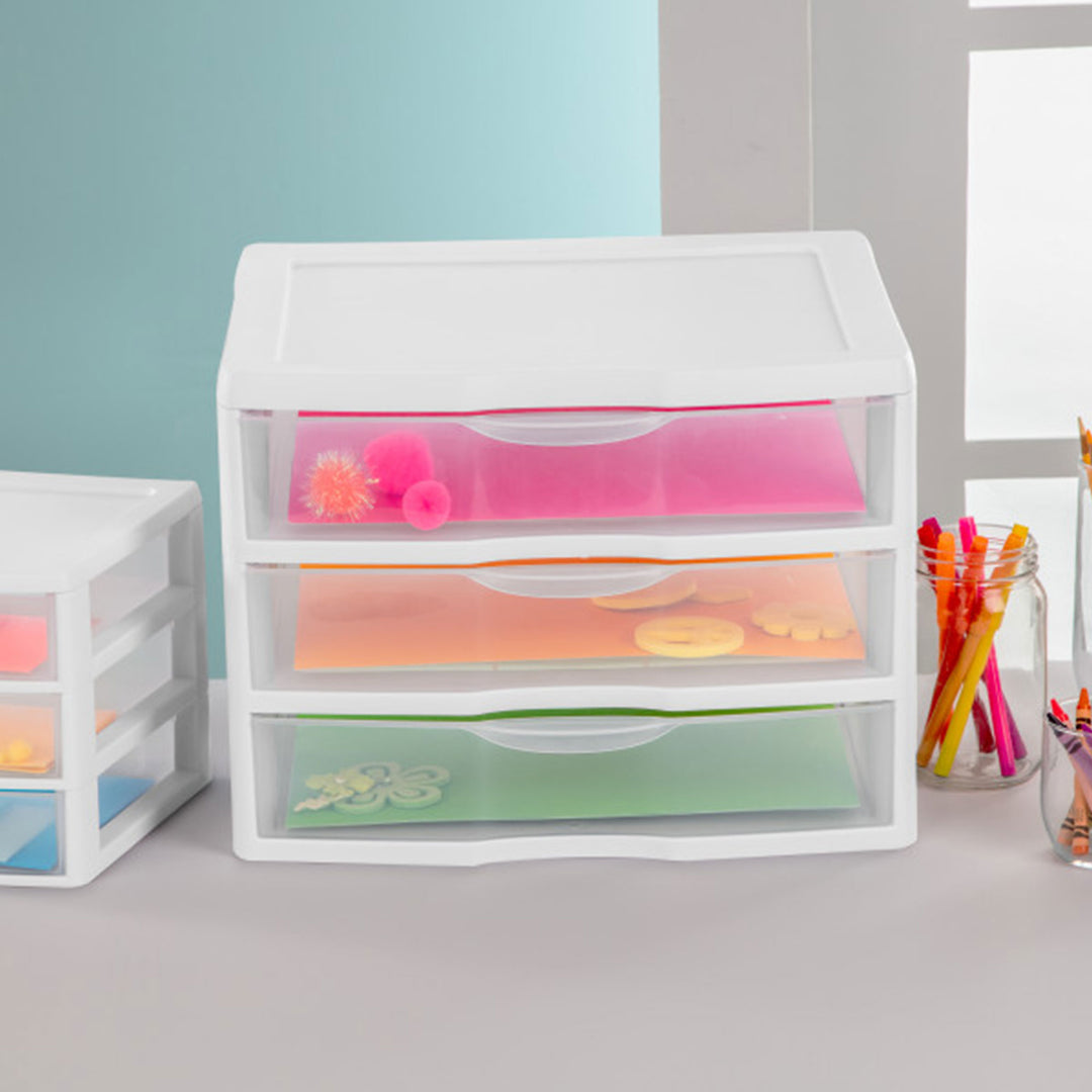 Sterilite Clear Plastic Stackable Small 3 Drawer Storage System, White, (6 Pack)