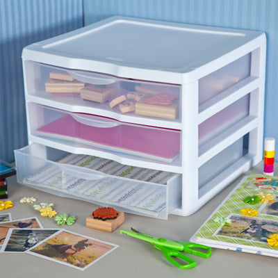 Sterilite Clear Plastic Stackable Small 3 Drawer Storage System, White, (6 Pack) - VMInnovations