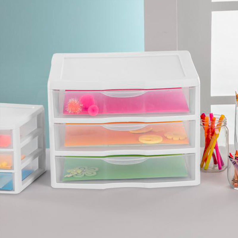 Sterilite Clear Plastic Stackable Small 3 Drawer Storage System, White, (9 Pack)