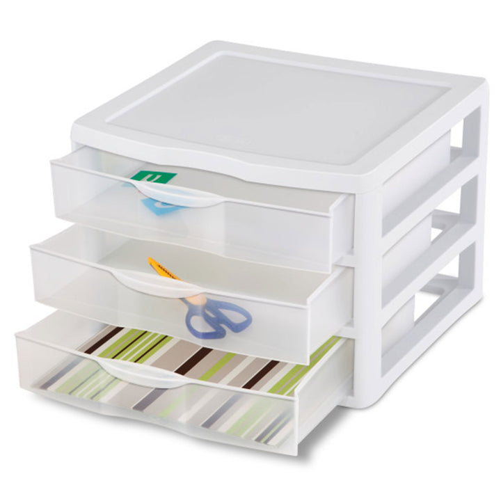 Sterilite Clear Plastic Stackable Small 3 Drawer Storage System, White, (9 Pack)