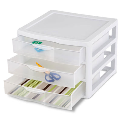 Sterilite Plastic Stackable Small 3 Drawer Storage System, White Frame, 3 Pack