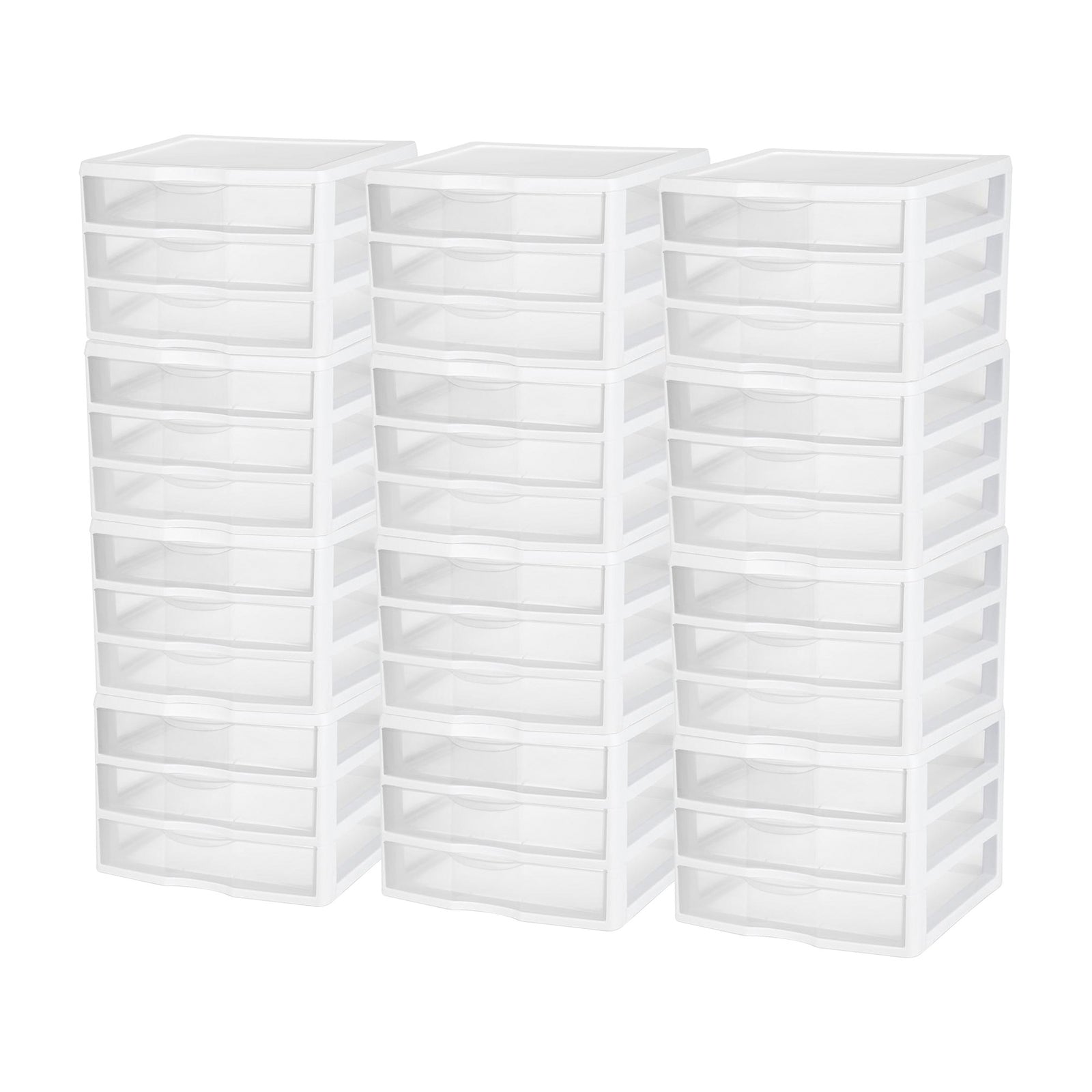Sterilite Clear Plastic Stackable Small 3 Drawer Storage System, White, (12 Pack) - VMInnovations