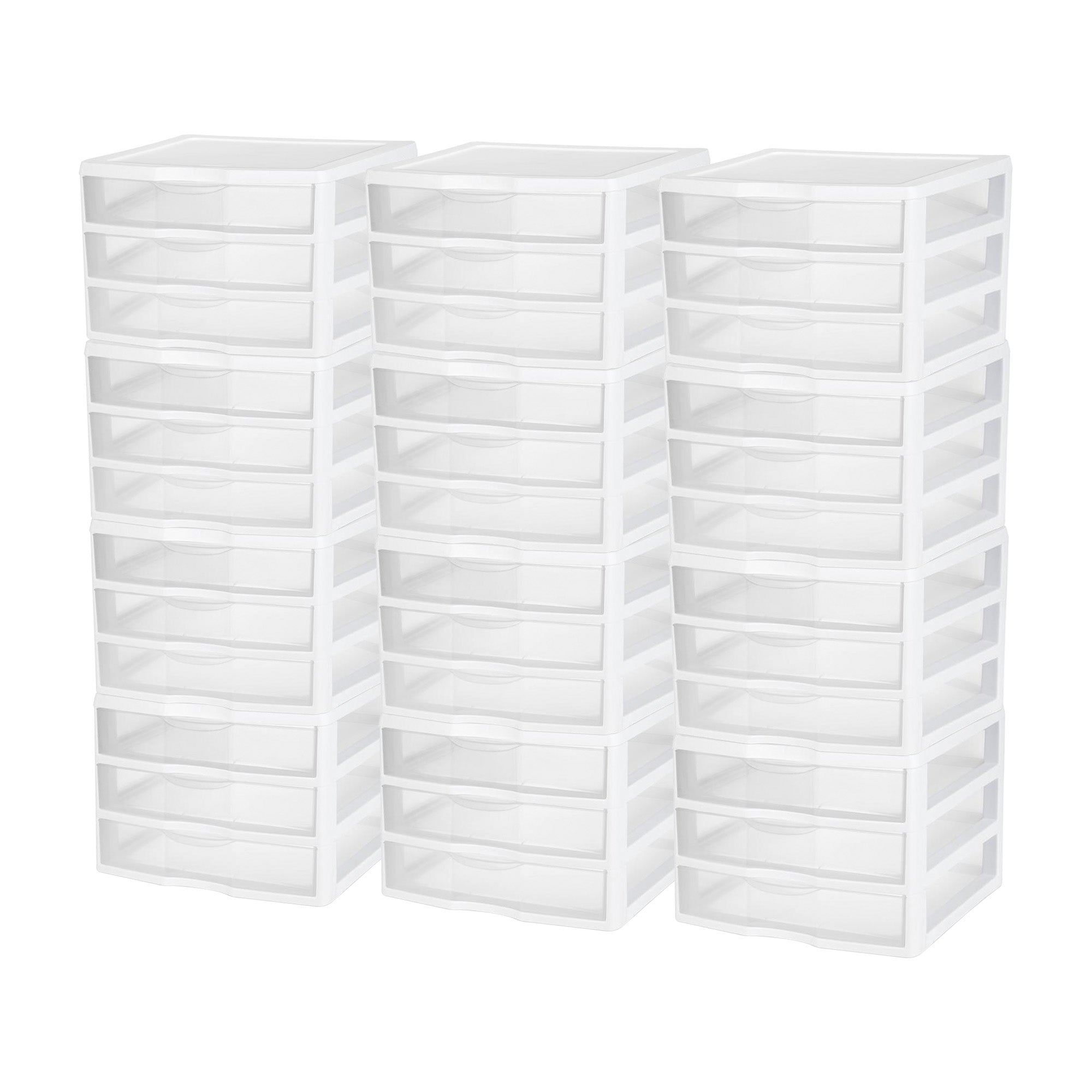 Sterilite Clear Plastic Stackable Small 3 Drawer Storage System, White, (12 Pack) - VMInnovations