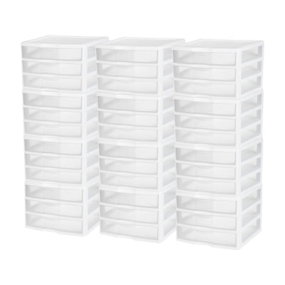 Sterilite Clear Plastic Stackable Small 3 Drawer Storage System, White, (12 Pack) - VMInnovations
