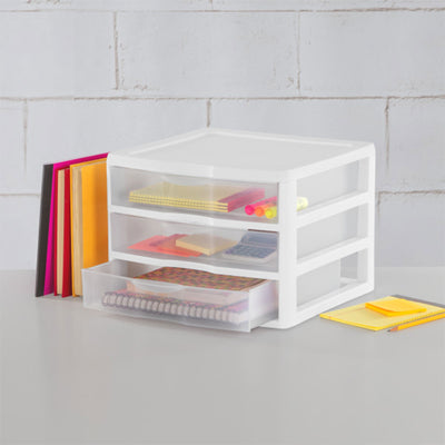 Sterilite Clear Plastic Stackable Small 3 Drawer Storage System, White, (12 Pack)