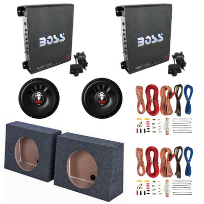 Boss Amp (2 Pack) & 12" Subwoofer (2 Pack) & 12" Sub Box (2 Pack) & AKS8 Kits