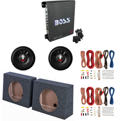 Boss 1100W Amp & 12" 1600W Subwoofer (2 Pack) & 12" Sub Box (2 Pack) & Wire Kits