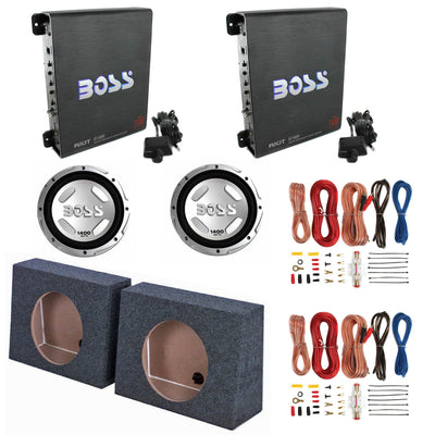 Boss Amp (2 Pack) & 12" Subwoofer (2 Pack) & 12" Sub Box (2 Pack) & Wiring Kits