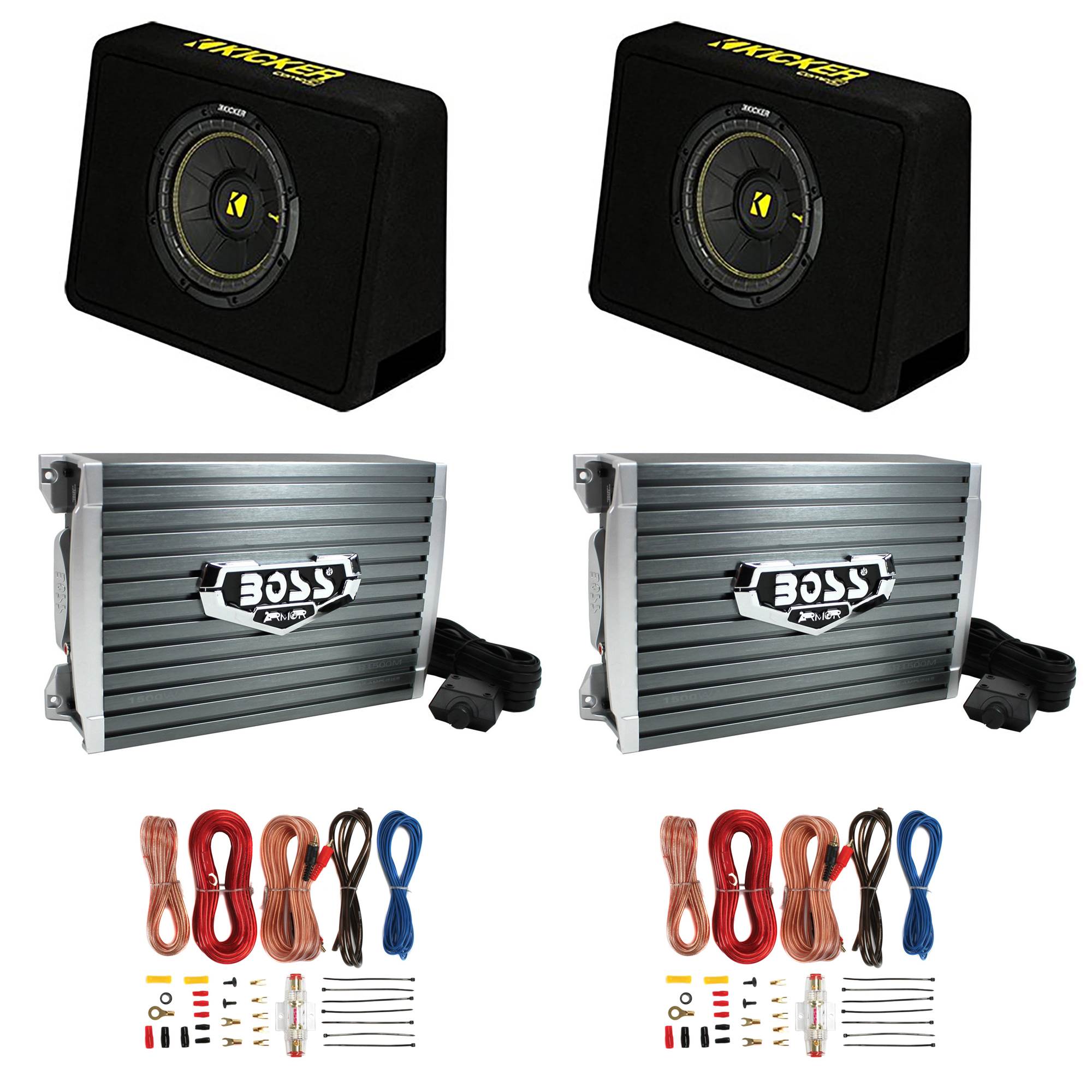 Kicker 10" Vented Subwoofer Enclosure (2 Pack) & 1500W Amp (2 Pack) & Wire Kits