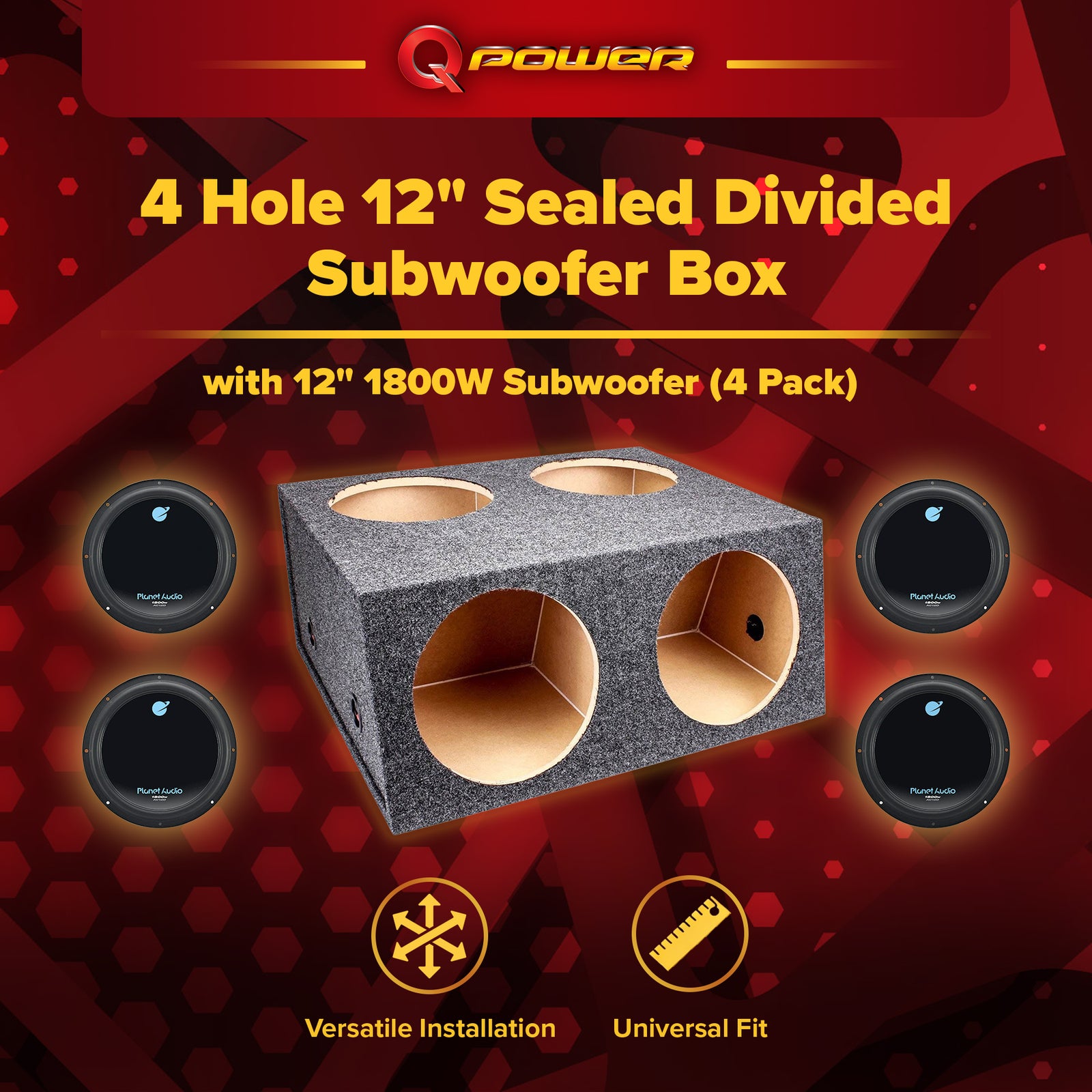Q Power 4 Hole 12" Sealed Divided Subwoofer Box & 12" 1800W Subwoofer (4 Pack) - VMInnovations
