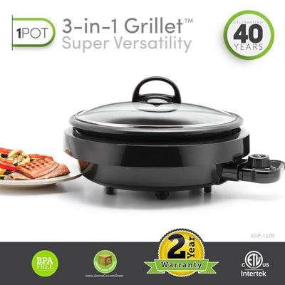 Aroma ASP 137B Grill Steamer Slow Cooker Nonstick 3 in 1 Grillet (Open Box)