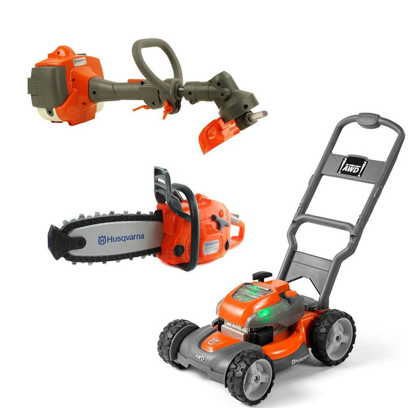 Husqvarna Battery Powered Kids Toy Lawn Mower, Lawn Trimmer, & Chainsaw - VMInnovations