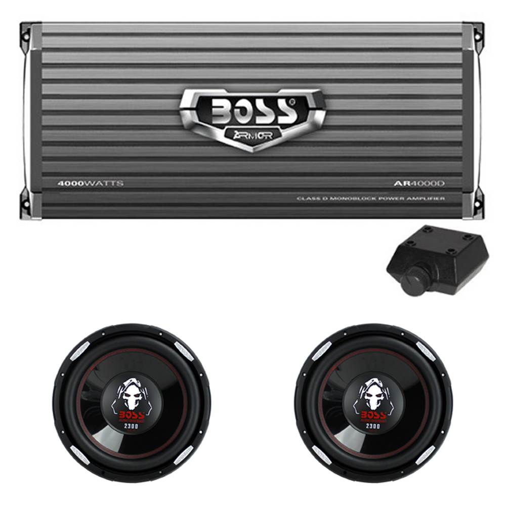 Boss 4000W Monoblock Class D Amplifier and 12 Inch 2300 Watt Subwoofer (2 Pack)