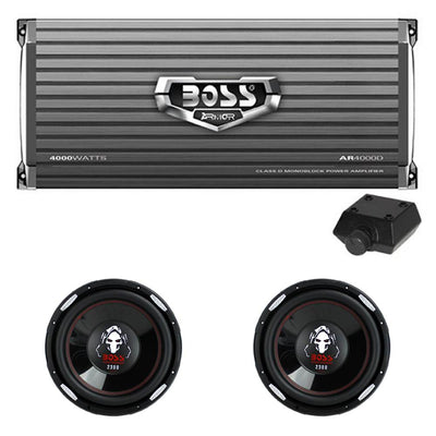 Boss 4000W Monoblock Class D Amplifier and 12 Inch 2300 Watt Subwoofer (2 Pack)