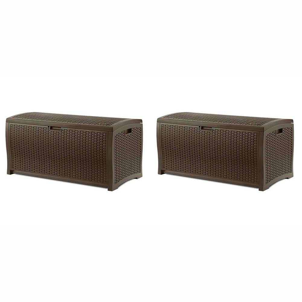 Suncast 73 Gallon Wicker Resin Outdoor Patio Storage Deck Box, Mocha (2 Pack) - VMInnovations