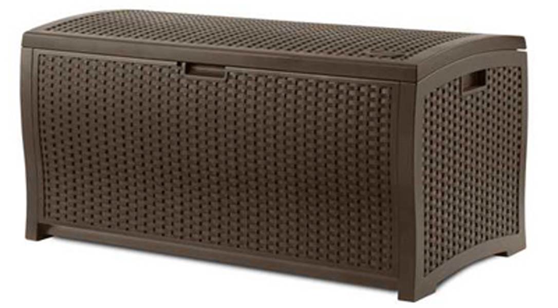 Suncast 73 Gallon Wicker Resin Outdoor Patio Storage Deck Box, Mocha (2 Pack) - VMInnovations