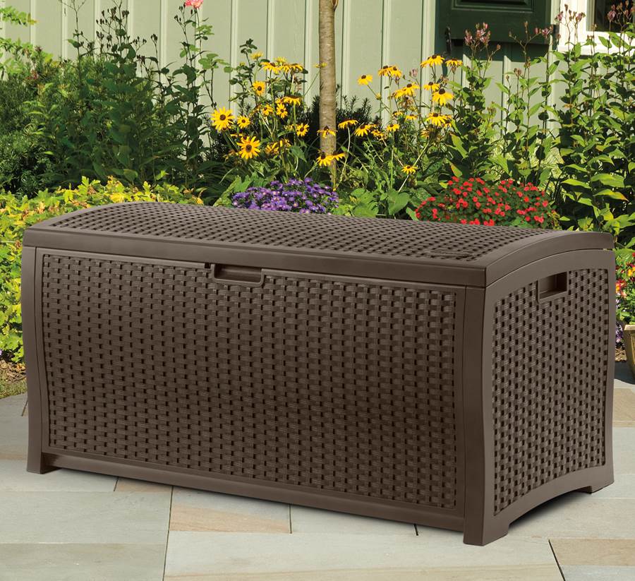 Suncast 73 Gallon Wicker Resin Outdoor Patio Storage Deck Box, Mocha (2 Pack)