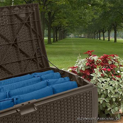 Suncast 73 Gallon Wicker Resin Outdoor Patio Storage Deck Box, Mocha (2 Pack) - VMInnovations