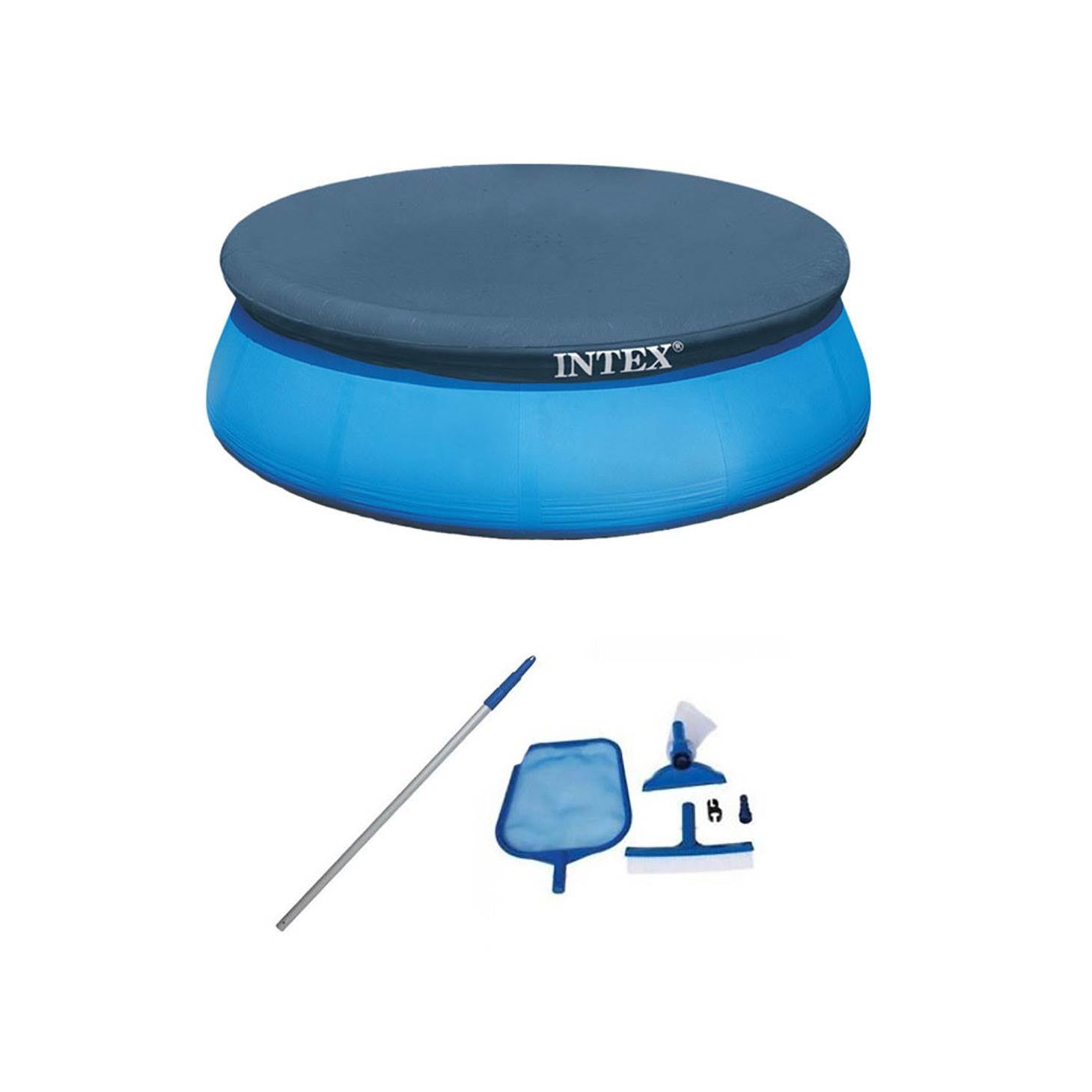 Intex Swimming Pool Kit w/ Vacuum Skimmer, Pole, & Debris Round Cover Tarp - VMInnovations