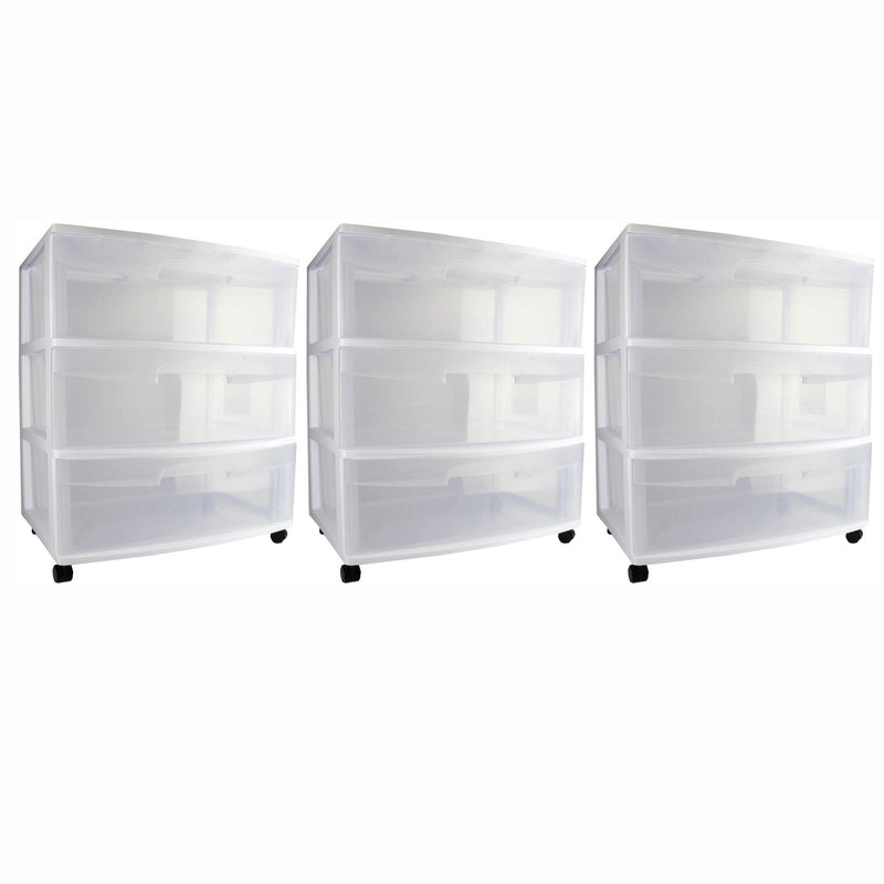 Sterilite At Home 3 Drawer Wide Storage Cart Container with Casters (3 Pack)
