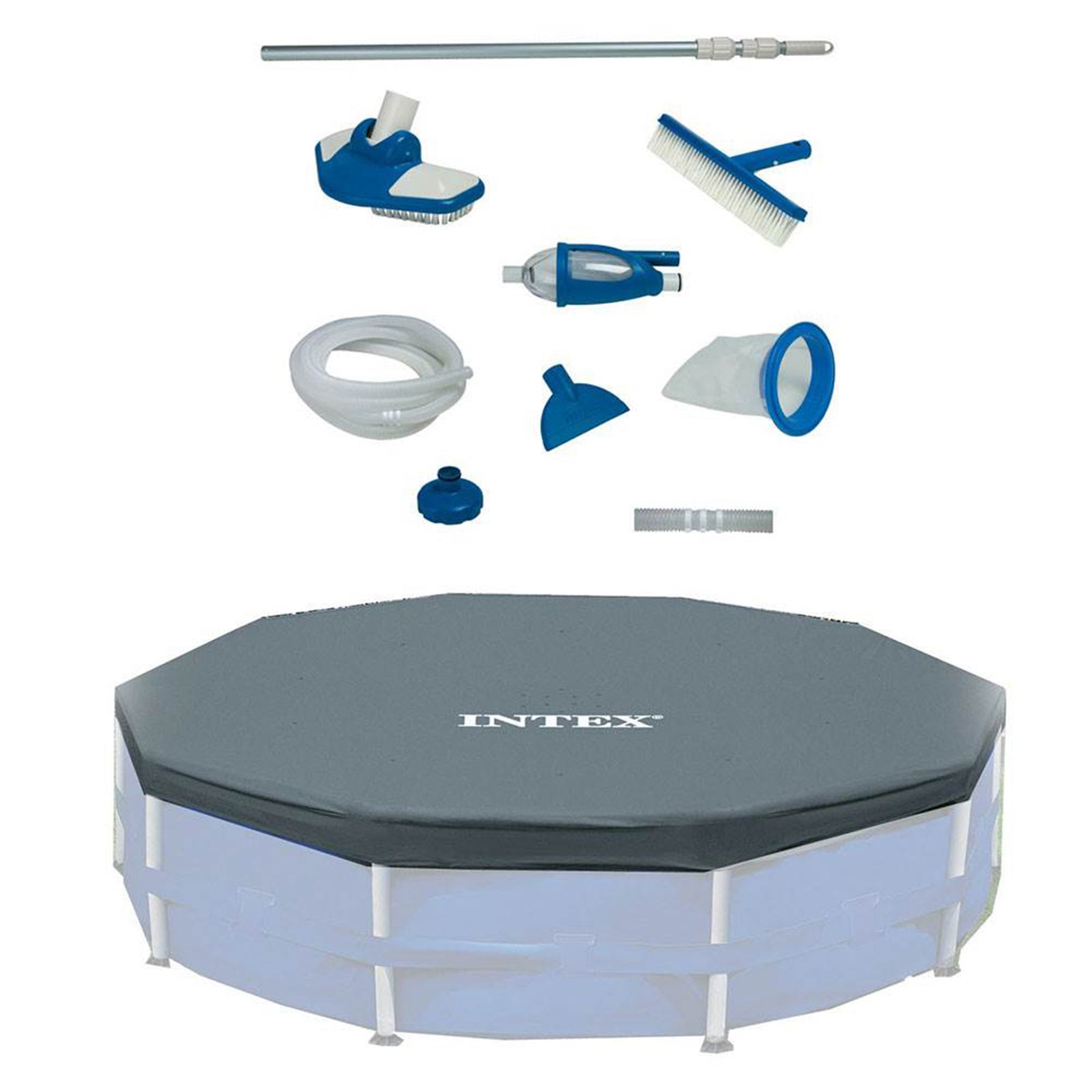 Intex Deluxe Maintenance Cleaning Kit & 12-Foot Round Frame Easy Set Pool Cover - VMInnovations